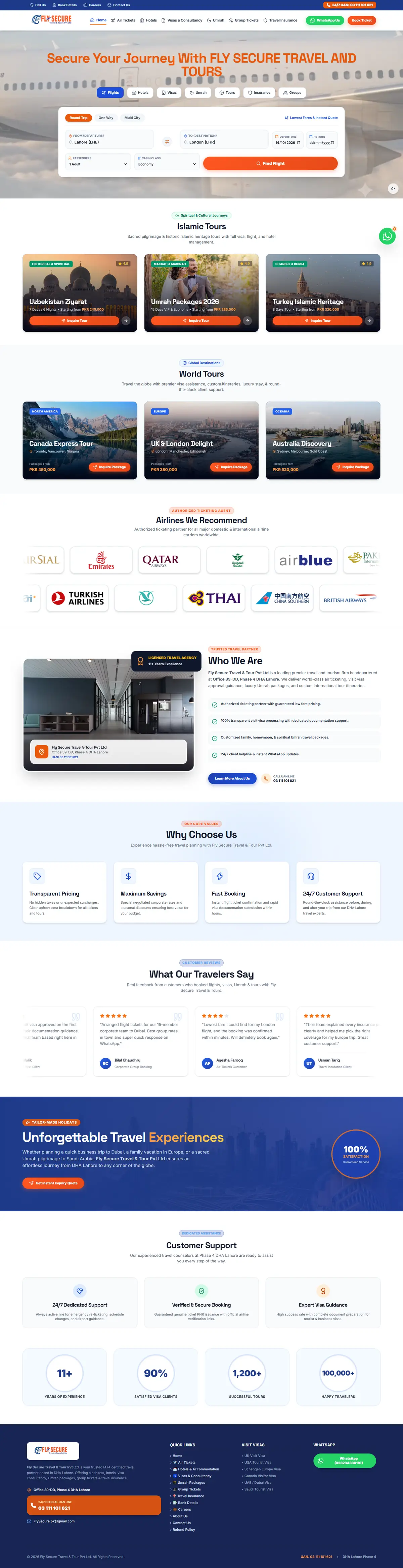 Fly Secure Travel & Tours full homepage